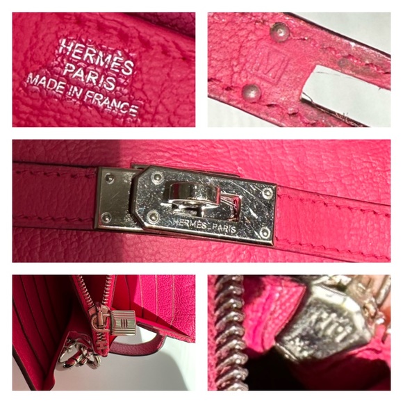 💯 HERMES Fuschia Pink Kelly Classic Long Wallet Chevre Leather Wallet on Chain - Picture 9 of 15